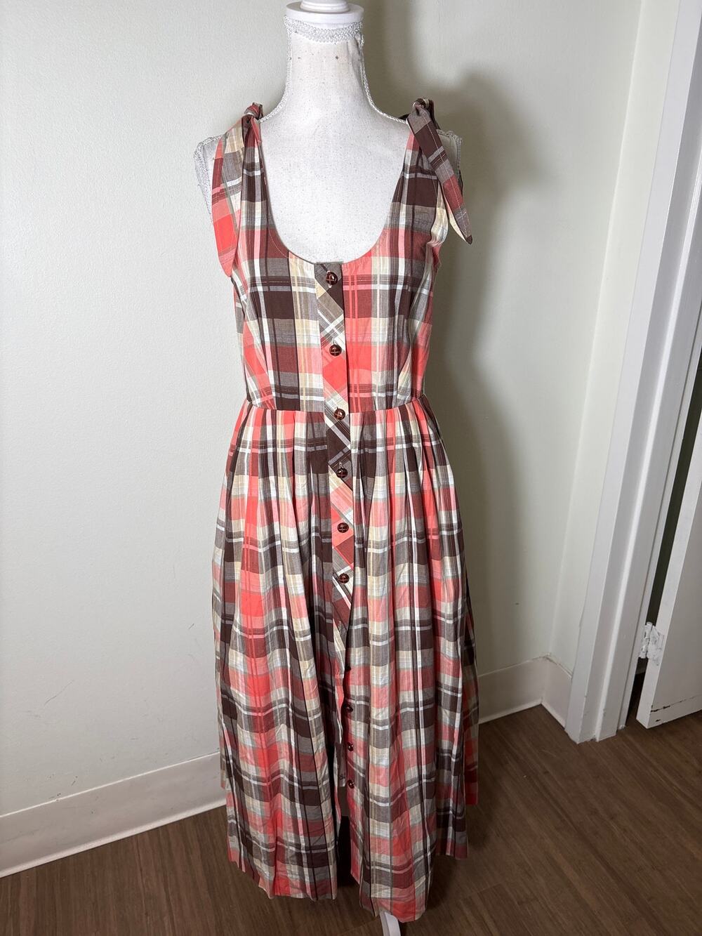 Buru Coral and Brown Plaid Tie Shoulder Maxi Dress Sz S